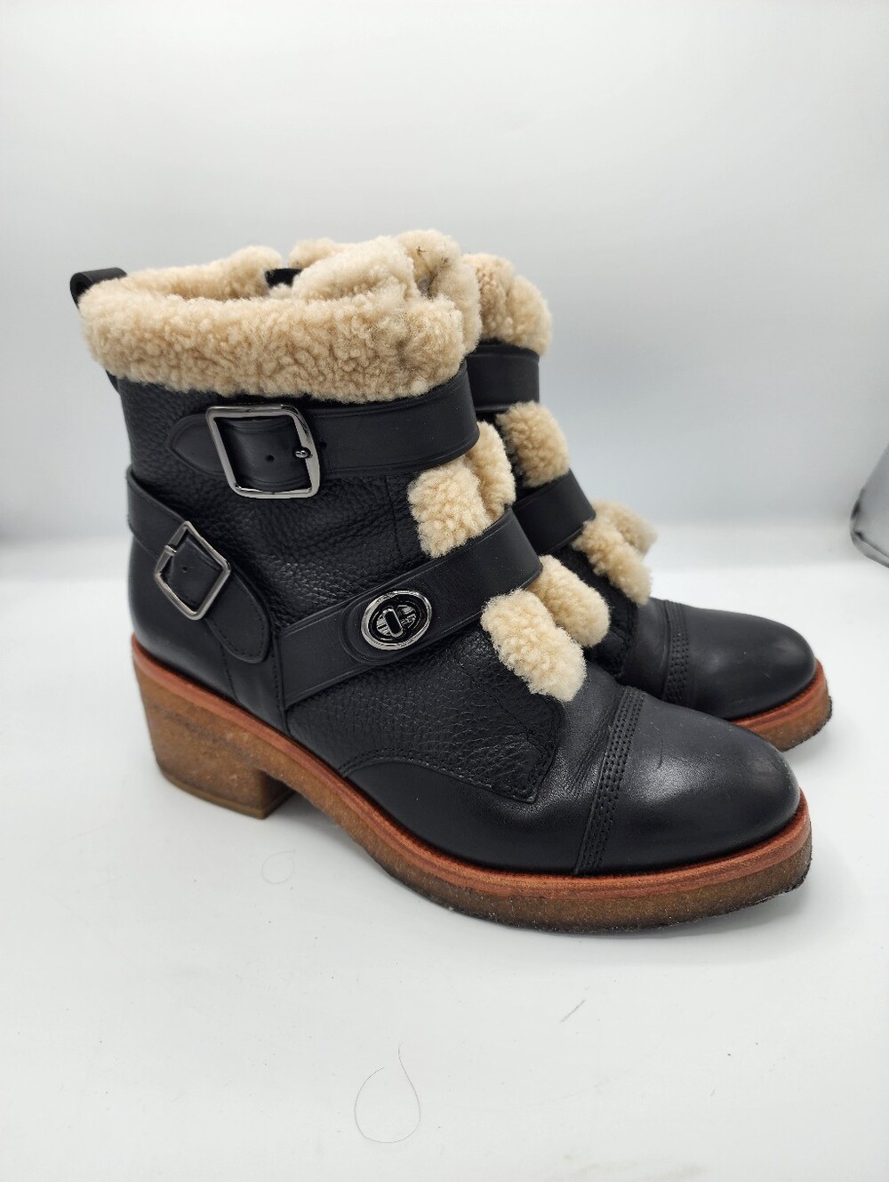 Coach Preston Black Shearling-Trim Leather Ankle Boots